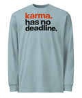 Agave men's heavyweight long sleeve tee, front with rust-orange and black Karma Has No Deadline print – ZIPZAPPA