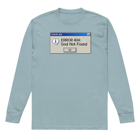 Agave men's heavyweight long sleeve tee, front with a blue-and-grey retro Error 404 Soul Not Found computer dialog – ZIPZAPPA