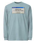 Agave men's heavyweight long sleeve tee, front with a blue-and-grey retro Error 404 Soul Not Found computer dialog – ZIPZAPPA