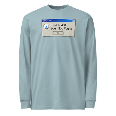 Agave men's heavyweight long sleeve tee, front with a blue-and-grey retro Error 404 Soul Not Found computer dialog – ZIPZAPPA