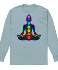 Agave men's heavyweight long sleeve tee, front with original neon rainbow Chakra Meditation silhouette – ZIPZAPPA