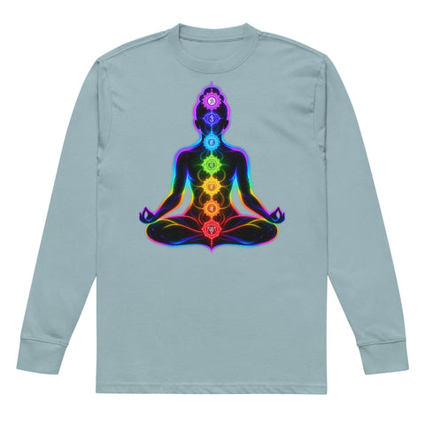 Agave men's heavyweight long sleeve tee, front with original neon rainbow Chakra Meditation silhouette – ZIPZAPPA