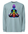 Agave men's heavyweight long sleeve tee, front with original neon rainbow Chakra Meditation silhouette – ZIPZAPPA