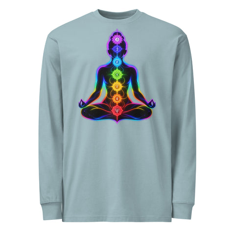 Agave men's heavyweight long sleeve tee, front with original neon rainbow Chakra Meditation silhouette – ZIPZAPPA