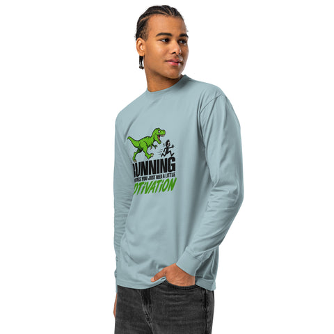 Angled model front view of the Agave Dinosaur Motivation men’s heavyweight long-sleeve tee, showing its single green dinosaur and running quote front print.