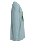 Right side studio view of the Agave Dinosaur Motivation men’s heavyweight long-sleeve tee, showing its single green dinosaur and running quote front print.
