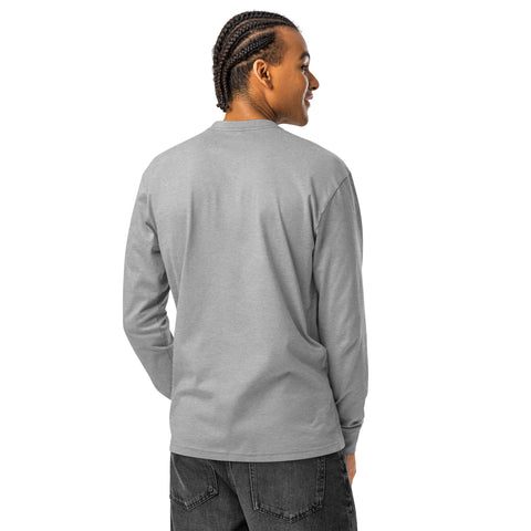 Model view of the unprinted back of the Carbon Grey Dinosaur Motivation men’s heavyweight long-sleeve tee, with no back print.