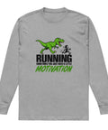 Flat front view of the Carbon Grey Dinosaur Motivation men’s heavyweight long-sleeve tee, showing its single green dinosaur and running quote front print.