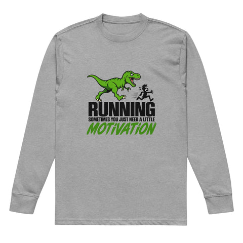Flat front view of the Carbon Grey Dinosaur Motivation men’s heavyweight long-sleeve tee, showing its single green dinosaur and running quote front print.