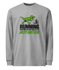 Front studio view of the Carbon Grey Dinosaur Motivation men’s heavyweight long-sleeve tee, showing its single green dinosaur and running quote front print.
