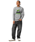 Full-length model front view of the Carbon Grey Dinosaur Motivation men’s heavyweight long-sleeve tee, showing its single green dinosaur and running quote front print.