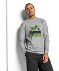 Model front view of the Carbon Grey Dinosaur Motivation men’s heavyweight long-sleeve tee, showing its single green dinosaur and running quote front print.