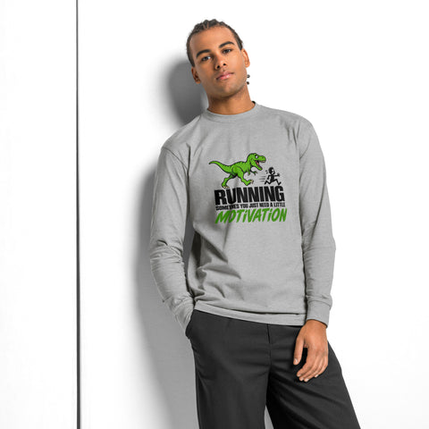 Model front view of the Carbon Grey Dinosaur Motivation men’s heavyweight long-sleeve tee, showing its single green dinosaur and running quote front print.