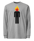 Carbon Grey men's heavyweight long-sleeve tee, front view with a black human figure and yellow, orange, and red flame head.