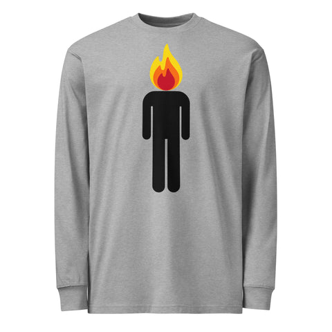 Carbon Grey men's heavyweight long-sleeve tee, front view with a black human figure and yellow, orange, and red flame head.