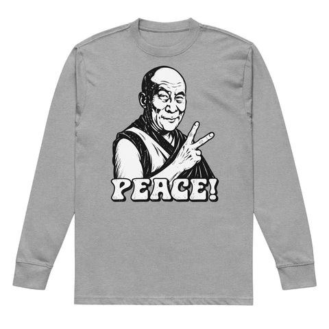 Carbon Grey men's heavyweight long sleeve tee, front with original black-and-white Peace Sign Monk artwork – ZIPZAPPA