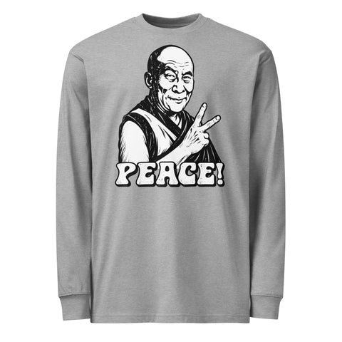 Carbon Grey men's heavyweight long sleeve tee, front with original black-and-white Peace Sign Monk artwork – ZIPZAPPA