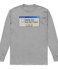 Carbon Grey men's heavyweight long sleeve tee, front with a blue-and-grey retro Error 404 Soul Not Found computer dialog – ZIPZAPPA