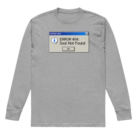 Carbon Grey men's heavyweight long sleeve tee, front with a blue-and-grey retro Error 404 Soul Not Found computer dialog – ZIPZAPPA