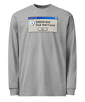 Carbon Grey men's heavyweight long sleeve tee, front with a blue-and-grey retro Error 404 Soul Not Found computer dialog – ZIPZAPPA