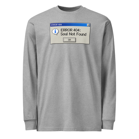 Carbon Grey men's heavyweight long sleeve tee, front with a blue-and-grey retro Error 404 Soul Not Found computer dialog – ZIPZAPPA