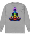 Carbon Grey men's heavyweight long sleeve tee, front with original neon rainbow Chakra Meditation silhouette – ZIPZAPPA