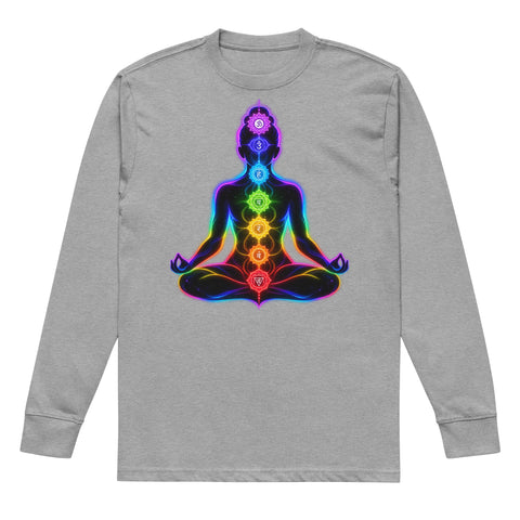 Carbon Grey men's heavyweight long sleeve tee, front with original neon rainbow Chakra Meditation silhouette – ZIPZAPPA