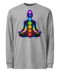 Carbon Grey men's heavyweight long sleeve tee, front with original neon rainbow Chakra Meditation silhouette – ZIPZAPPA