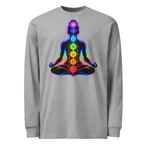 Carbon Grey men's heavyweight long sleeve tee, front with original neon rainbow Chakra Meditation silhouette – ZIPZAPPA