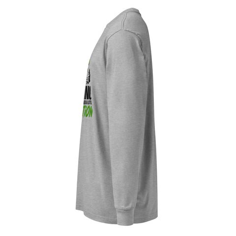 Left side studio view of the Carbon Grey Dinosaur Motivation men’s heavyweight long-sleeve tee, showing its single green dinosaur and running quote front print.