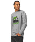 Angled model front view of the Carbon Grey Dinosaur Motivation men’s heavyweight long-sleeve tee, showing its single green dinosaur and running quote front print.