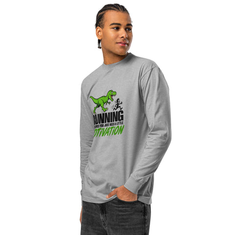 Angled model front view of the Carbon Grey Dinosaur Motivation men’s heavyweight long-sleeve tee, showing its single green dinosaur and running quote front print.