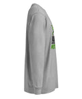 Right side studio view of the Carbon Grey Dinosaur Motivation men’s heavyweight long-sleeve tee, showing its single green dinosaur and running quote front print.