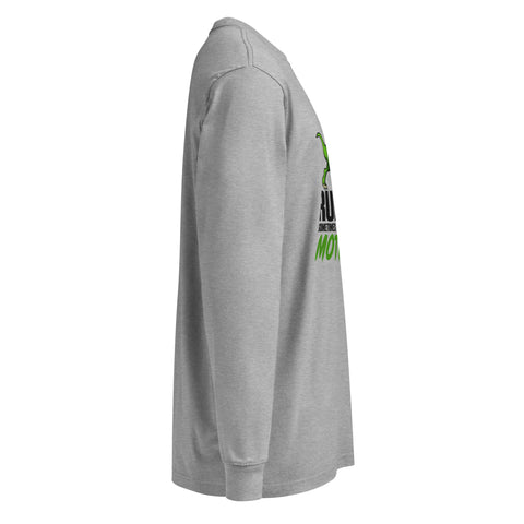 Right side studio view of the Carbon Grey Dinosaur Motivation men’s heavyweight long-sleeve tee, showing its single green dinosaur and running quote front print.