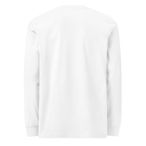 Unprinted back studio view of the White Dinosaur Motivation men’s heavyweight long-sleeve tee, with no back print.