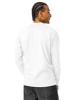 Model view of the unprinted back of the White Dinosaur Motivation men’s heavyweight long-sleeve tee, with no back print.