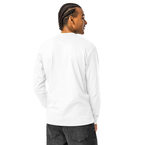 Model view of the unprinted back of the White Dinosaur Motivation men’s heavyweight long-sleeve tee, with no back print.