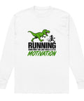 Flat front view of the White Dinosaur Motivation men’s heavyweight long-sleeve tee, showing its single green dinosaur and running quote front print.