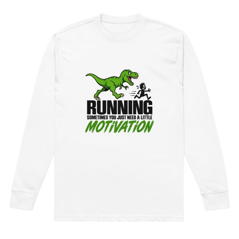 Flat front view of the White Dinosaur Motivation men’s heavyweight long-sleeve tee, showing its single green dinosaur and running quote front print.