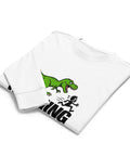 Folded front view of the White Dinosaur Motivation men’s heavyweight long-sleeve tee, showing its single green dinosaur and running quote front print.