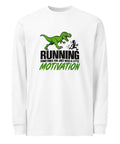 Front studio view of the White Dinosaur Motivation men’s heavyweight long-sleeve tee, showing its single green dinosaur and running quote front print.