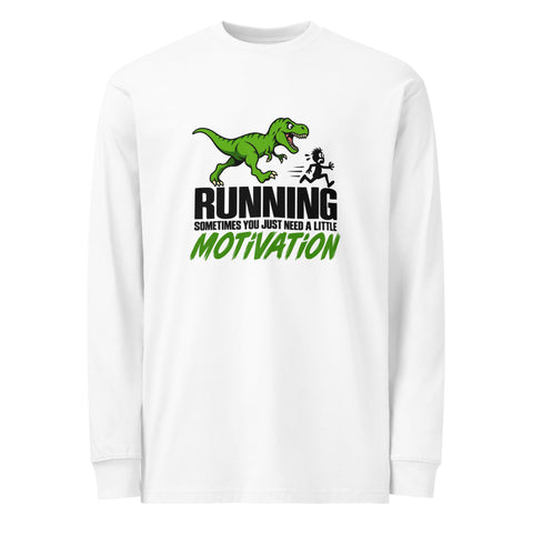 Front studio view of the White Dinosaur Motivation men’s heavyweight long-sleeve tee, showing its single green dinosaur and running quote front print.