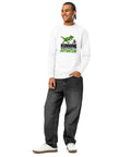 Full-length model front view of the White Dinosaur Motivation men’s heavyweight long-sleeve tee, showing its single green dinosaur and running quote front print.