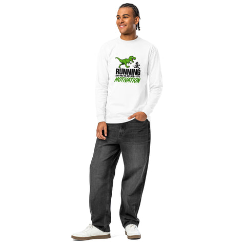 Full-length model front view of the White Dinosaur Motivation men’s heavyweight long-sleeve tee, showing its single green dinosaur and running quote front print.
