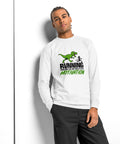 Model front view of the White Dinosaur Motivation men’s heavyweight long-sleeve tee, showing its single green dinosaur and running quote front print.