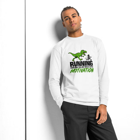 Model front view of the White Dinosaur Motivation men’s heavyweight long-sleeve tee, showing its single green dinosaur and running quote front print.