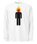 White men's heavyweight long-sleeve tee, front view with a black human figure and yellow, orange, and red flame head.