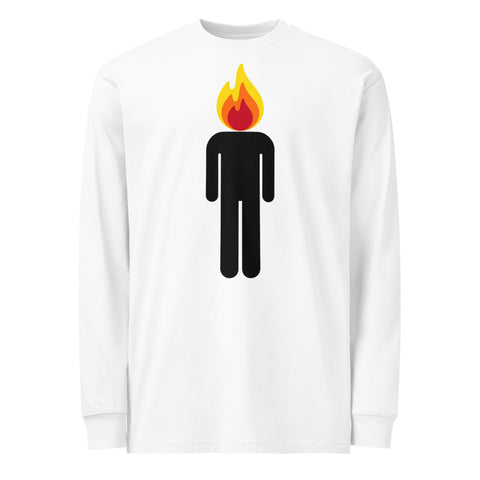 White men's heavyweight long-sleeve tee, front view with a black human figure and yellow, orange, and red flame head.