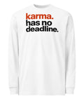 White men's heavyweight long sleeve tee, front with rust-orange and black Karma Has No Deadline print – ZIPZAPPA