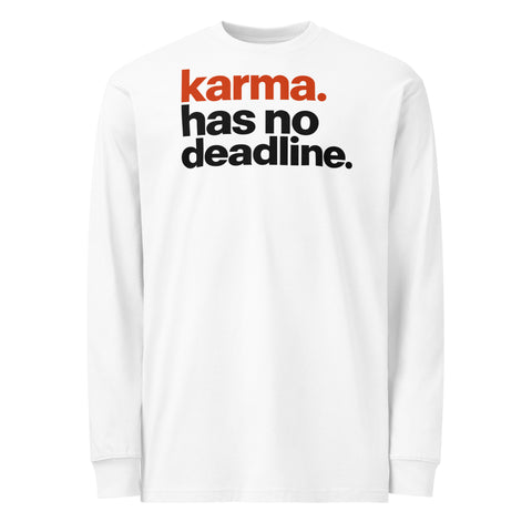 White men's heavyweight long sleeve tee, front with rust-orange and black Karma Has No Deadline print – ZIPZAPPA